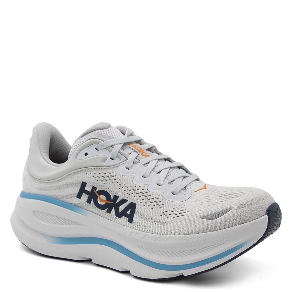 Hoka Bondi 9 mens Running Shoes White running shoe with blue sole and Hoka branding 