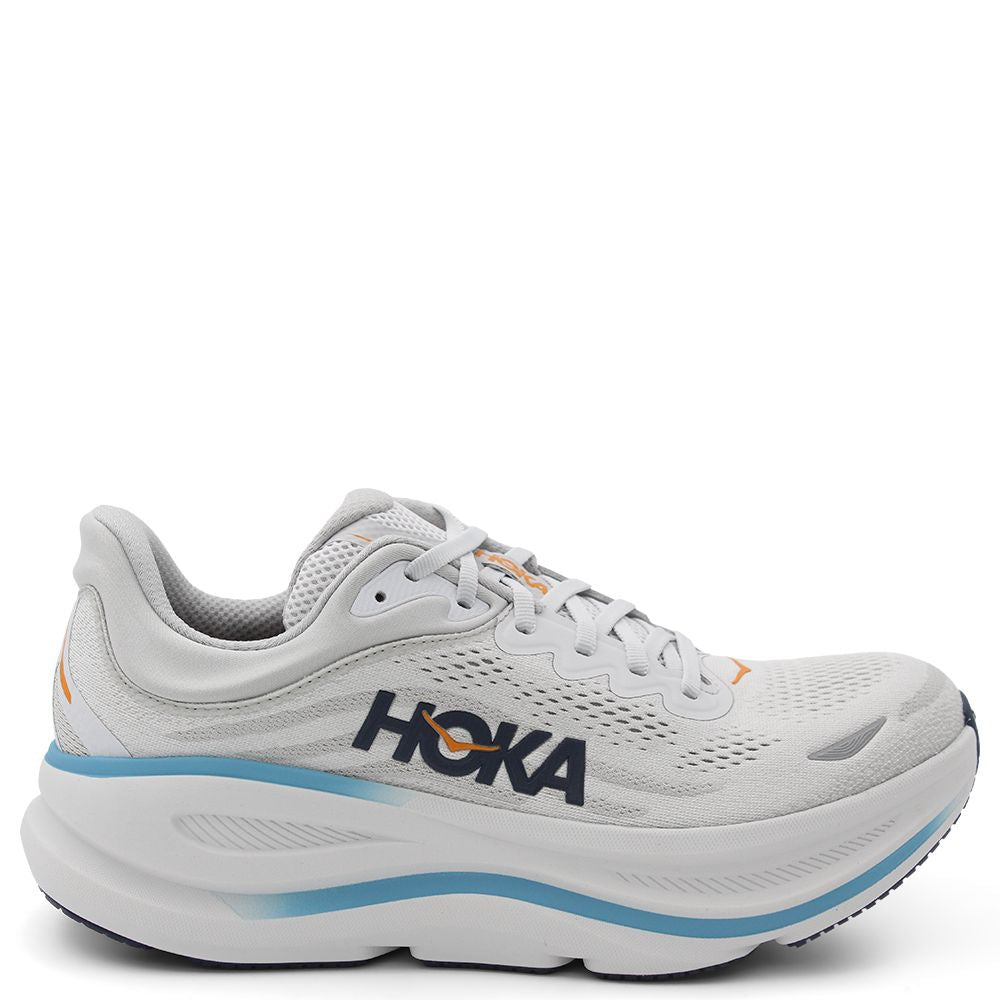 Hoka Bondi 9 mens Running Shoes White running shoe with blue sole and Hoka branding 