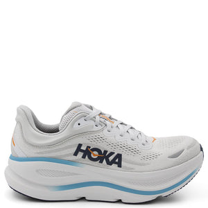 Hoka Bondi 9 mens Running Shoes White running shoe with blue sole and Hoka branding 