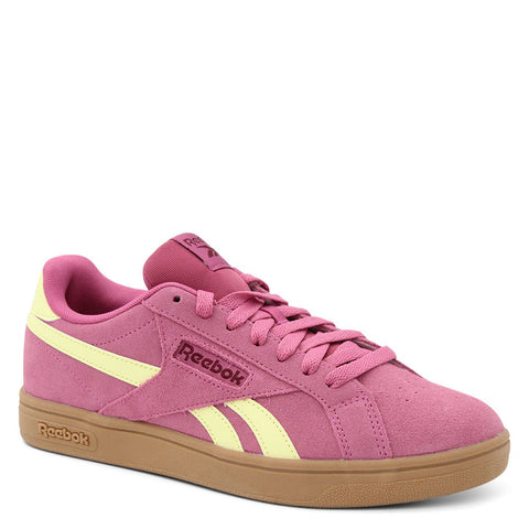 Pink Reebok Court Retro Womens sneaker with yellow accents 