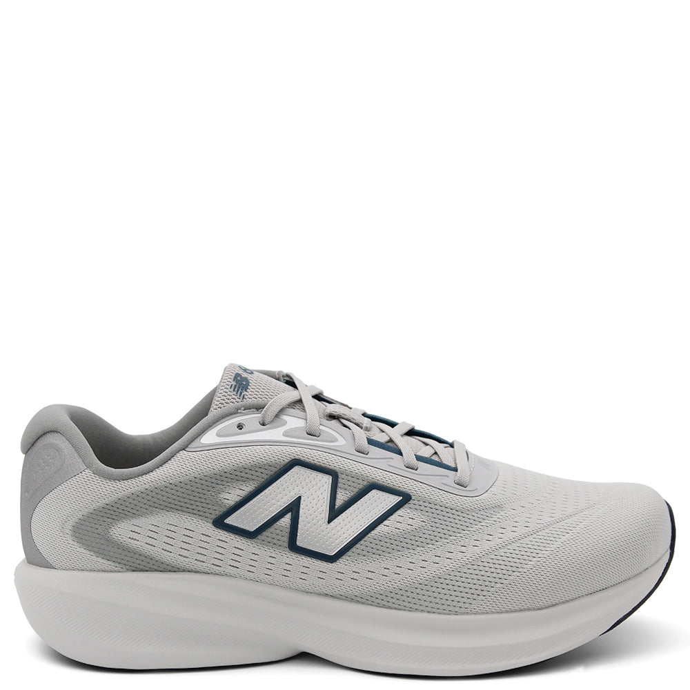 A light gray New Balance m680 men's running shoe with a white sole and a navy blue outlined 'N' logo on the side, 