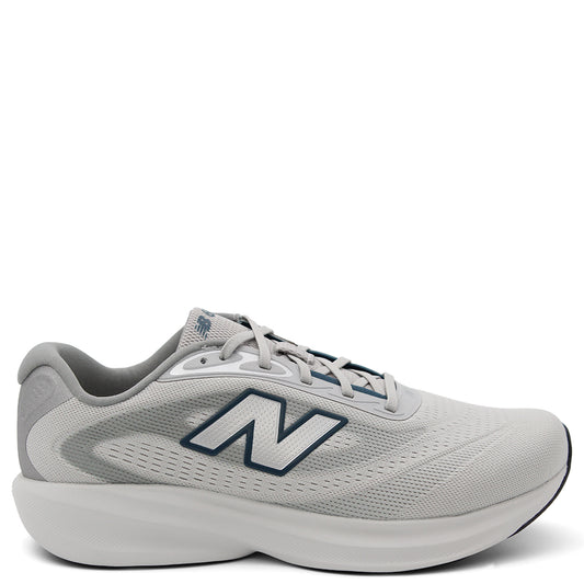 A light gray New Balance m680 men's running shoe with a white sole and a navy blue outlined 'N' logo on the side, 