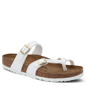 Birkenstock Mayari Patent White Slides With Toe Loop