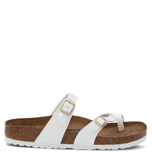 Birkenstock Mayari Patent White Slides With Toe Loop