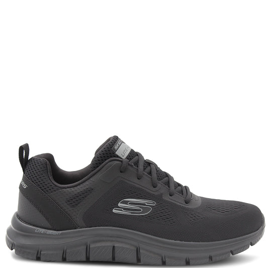 A pair of Skechers men's trainers with a mesh and synthetic upper in black and grey colors, featuring a Skechers logo detail on the side. Skechers Track Broader Mens Trainers