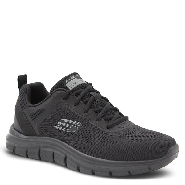 A pair of Skechers men's trainers with a mesh and synthetic upper in black and grey colors, featuring a Skechers logo detail on the side. Skechers Track Broader Mens Trainers