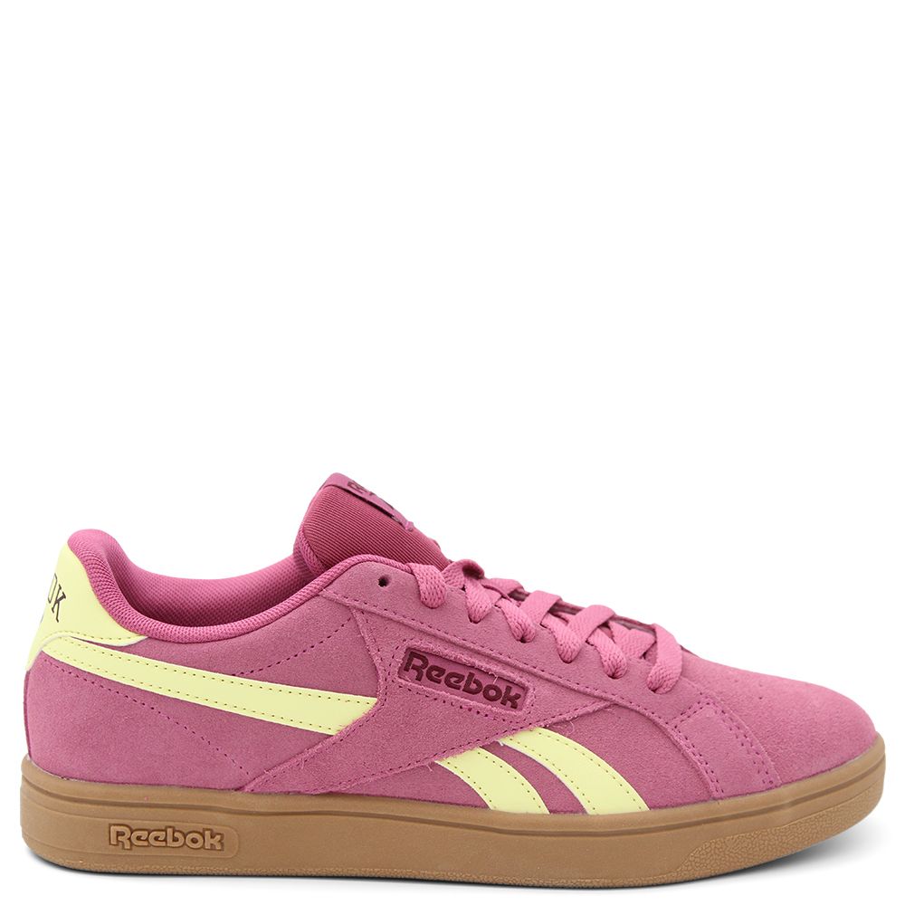 Pink Reebok Court Retro Womens sneaker with yellow accents 