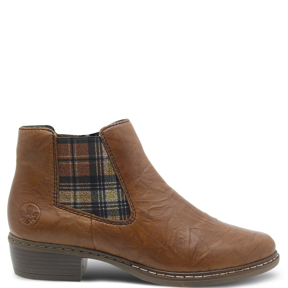 Rieker Y0894 Women's Low Heel Boot Tan with Tartan