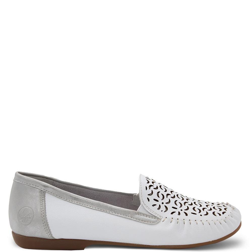 Rieker l6350 women's flat casual slip on loafer white silver